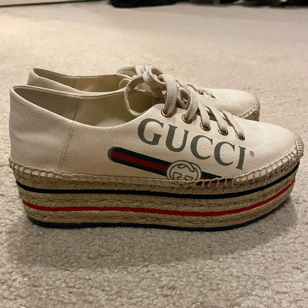 Gucci Beige Platform Red Logo Canvas